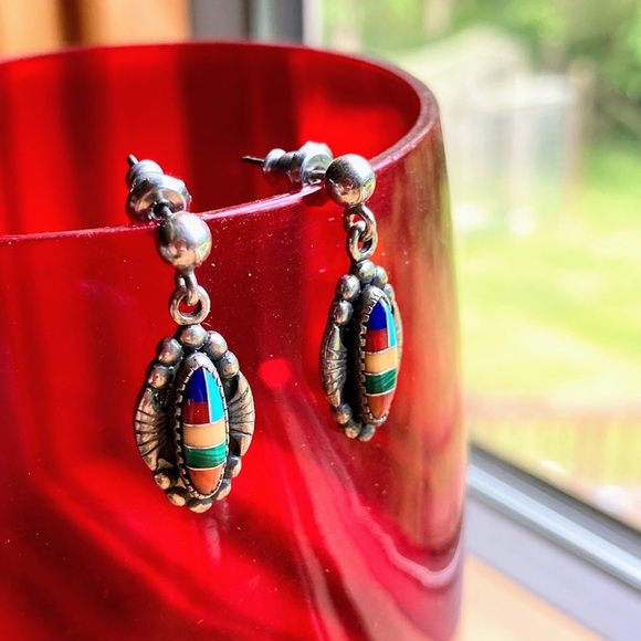 Vintage WM Wheeler Native American Navojo Sterling Silver Inlay Earring - Picture 6 of 13